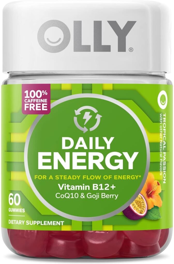 OLLY Daily Energy Gummy, Caffeine Free, Vitamin B12, CoQ10, Goji Berry, Adult Chewable Supplement, Tropical Flavor - 120 Count Pouch